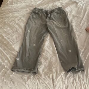 Gray Jeans with White Floral Embroidery